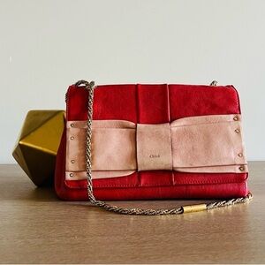 CHLOE June Bow Flap Shoulder Bag in Holly Berry Red Sheepskin Leather